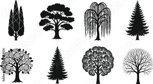 Stylized tree silhouette set, diverse foliage shapes, nature icons, forest design elements, black vector trees, flat vector illustration