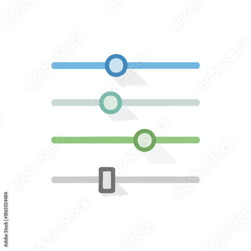Four horizontal sliders with different colored lines and round or rectangle toggles