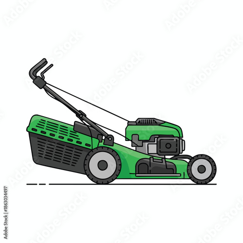 Side view illustration of a lawnmower, colored green, with collection basket