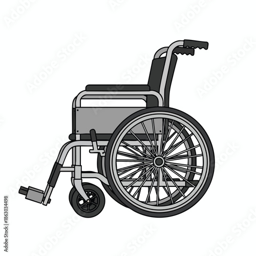 A side view of a wheelchair illustration with two large wheels and smaller front ones