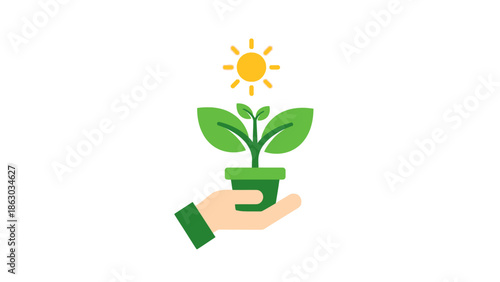 Caring Hand Holding Potted Green Plant with Sun Above for Growth and Nurturing on Isolated White Background