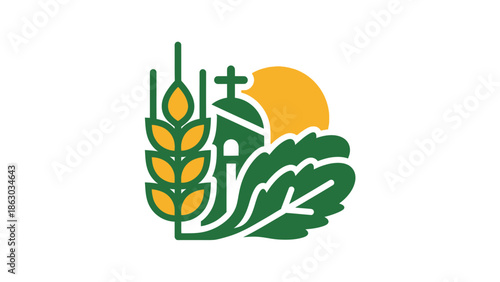 Wheat Stalks and Green Leafy Vegetables with Sun Icon Representing Agriculture and Healthy Food