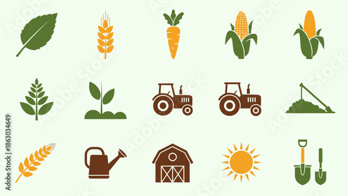 Diverse Collection of Farm and Garden Icons Including Crops, Tools, and Farm Animals on Light Green Background