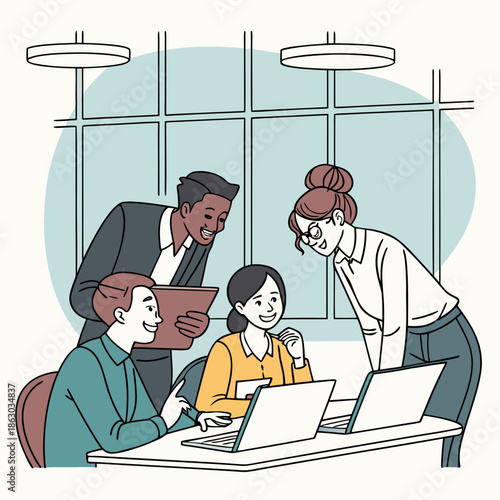 Professional team collaboration in a modern office setting, discussing work with laptops.