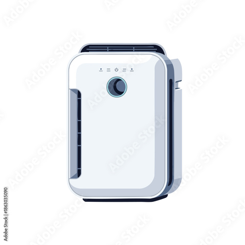 Digital illustration of a white air purifier with a control panel and power button