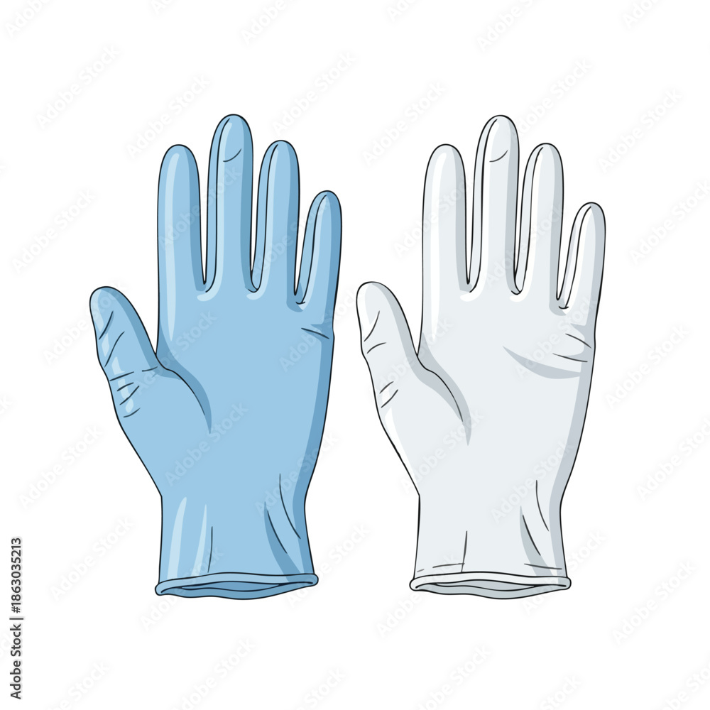 Obraz premium Two stylized, hand-shaped gloves, one blue and the other white, sit on a white backdrop