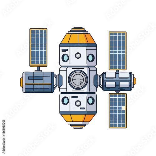 Colorful illustration of a space station with solar panels and multiple compartments