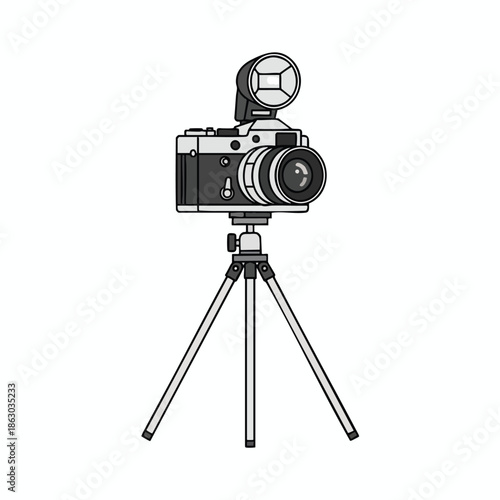 Illustration of a classic camera with flash, mounted on a tripod against a white background