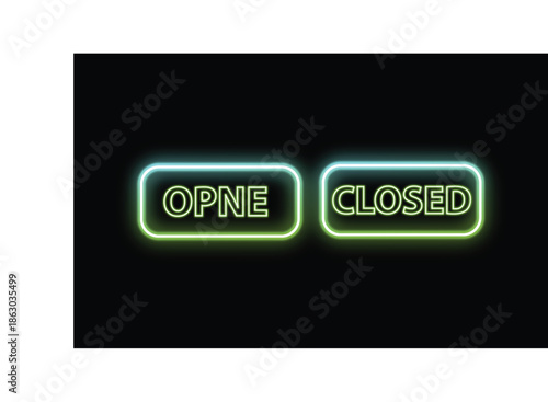 Neon green and blue open and closed signs with glowing borders on dark background for business
