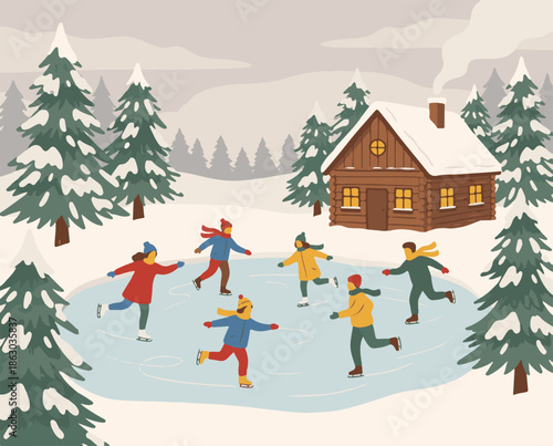 Winter wonderland scene with ice skaters enjoying a frozen pond by a cozy cabin