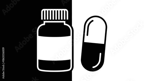 Medicine Bottle and Capsule Icon on a Contrasting Black and White Background, Representing Pharmaceutical Health