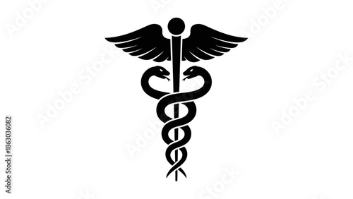 Black Silhouette Caduceus Medical Symbol Isolated White Background for Healthcare Profession