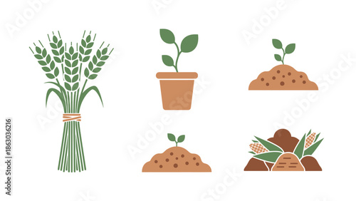 Diverse Farming and Agricultural Elements with Wheat, Potted Plant, and Growing Crops on an Isolated White Background
