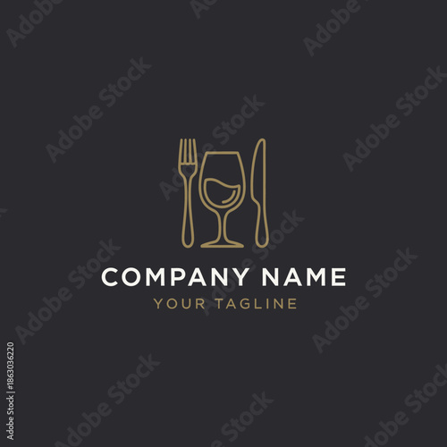 Elegant restaurant logo with fork wine glass and knife.