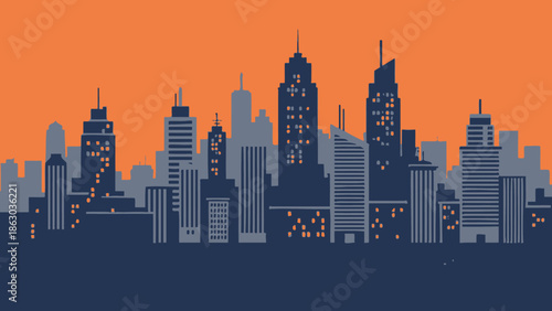 Modern City Skyline Silhouette at Night with Orange Sky, Representing Urban Life and Metropolis
