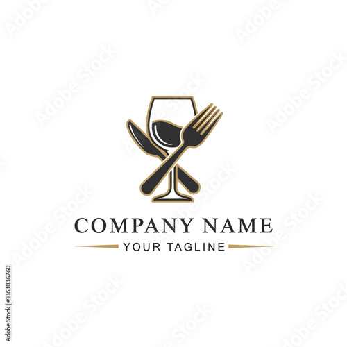 Elegant restaurant logo with wine glass fork spoon and knife.