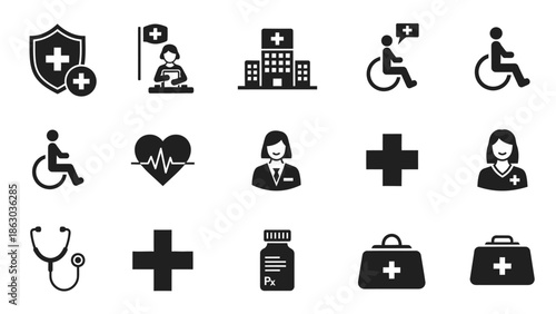 Set of Medical Healthcare Icons Black Color Hospital Nurse Doctor Stethoscope isolated white background