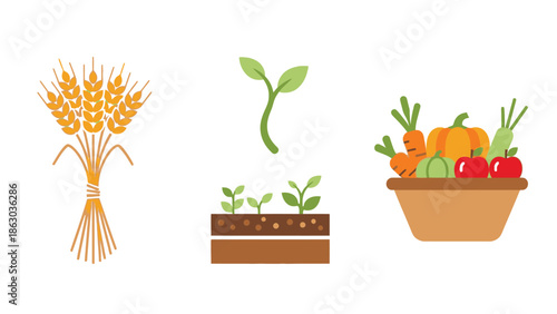 Agricultural Harvest Elements with Wheat Sheaf, Growing Plant, and Fresh Vegetables in Basket on an Isolated White Background
