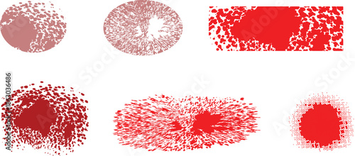 Various red and gray speckled forms displayed in a grid-like arrangement on a dark backdrop.