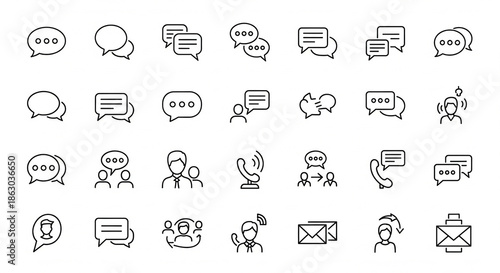 Speaking and communication line icon set with editable outline symbols
