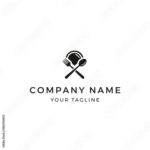 Minimalist black and white logo design for a restaurant or food business featuring a fork and spoon crossed over a plate.