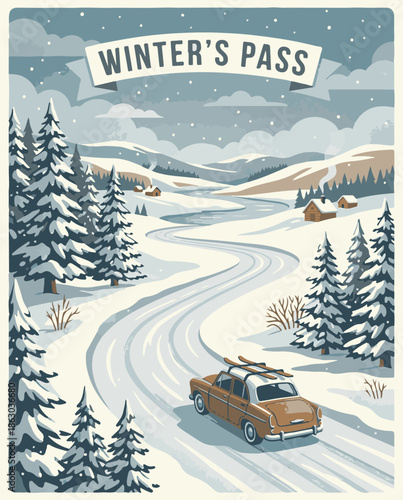 Retro car with skis driving through a picturesque snowy winter mountain pass