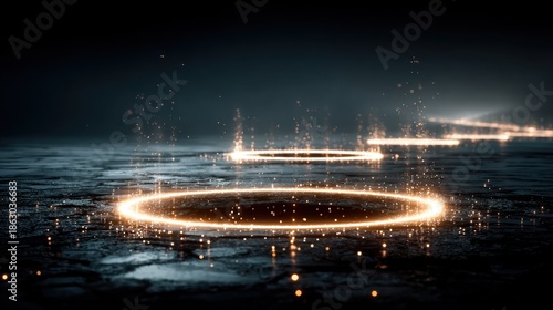 Glowing energy circles on dark, wet, reflecting surface, with distant lights