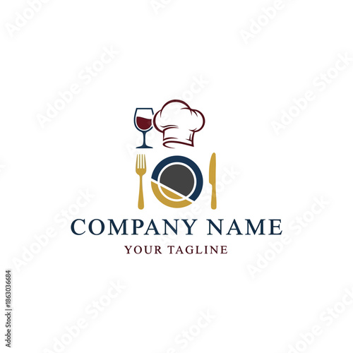 Restaurant Logo Design with Chef Hat Plate and Wine Glass.