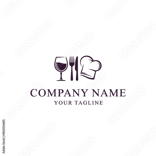 Restaurant Logo Design with Chef Hat Wine Glass and Cutlery.