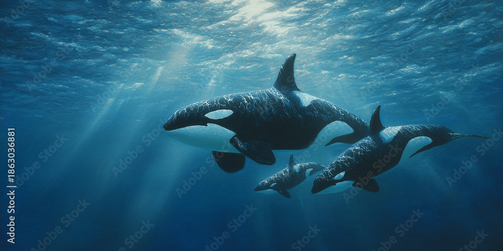 Fototapeta premium Orcas swimming together in deep blue ocean with sunlight filtering 