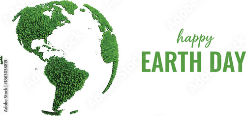 Happy Earth Day vector illustration featuring a green leaf textured planet globe isolated on white background for environmental awareness and conservation projects.