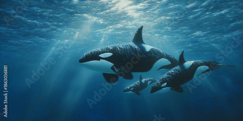 Orcas swimming together in deep blue ocean with sunlight filtering  