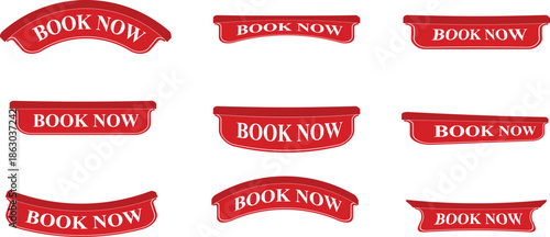 Several red 'book now' labels are displayed on a black backdrop, demonstrating minor design differences.