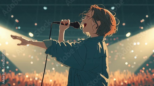 A passionate female anime singer delivers an emotional vocal performance into a microphone on stage.
