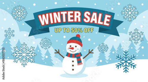 Winter Sale promotional banner with cute snowman and falling snowflakes