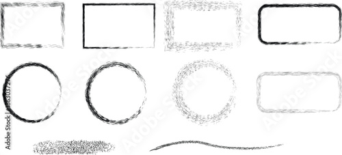 Dark abstract shapes and a curved line create a minimalist and intriguing visual composition.