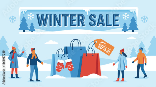 Winter Sale Banner with Shoppers, Pine Trees, and 50% Off Tag
