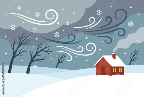 Winter landscape with a cozy house, bare trees, snow, and strong winds