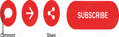 Red Social Media Button Set Featuring Comment Share and Subscribe Icons for YouTube Channel Video Marketing and Interface Design Isolated on White Background Vector Illustration.