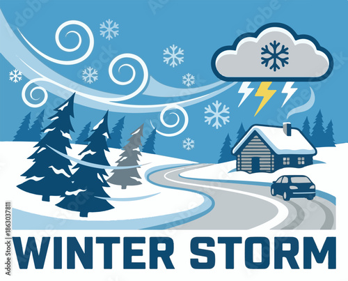 Graphic illustration of a severe winter storm with snow, wind, lightning, and a cabin