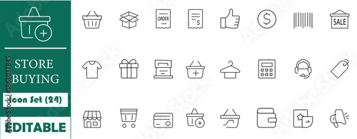 Clean line Store Buying icon set with 24 shopping and retail symbols including cart, payment, order, sale and delivery. Perfect for eCommerce UI, apps, websites, marketing and business design.