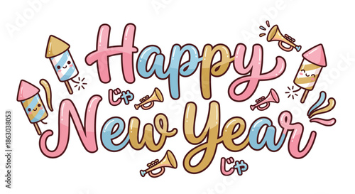 Whimsical Happy New Year illustration featuring adorable cartoon style text, festive firecrackers, and cheerful trumpets for joyous celebrations