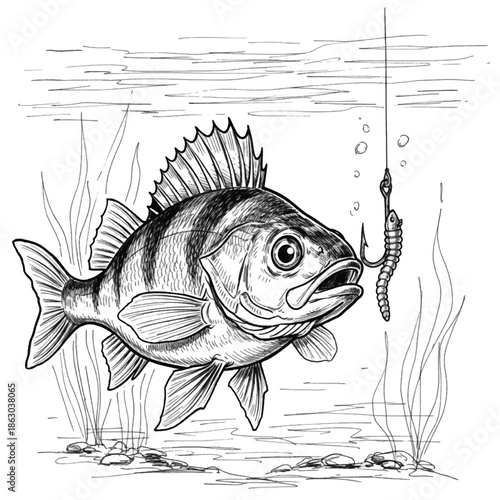Fish biting a fishing lure hook.