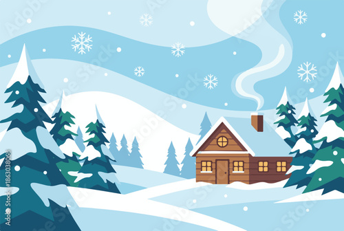 Cozy winter cabin in snowy forest landscape with falling snowflakes