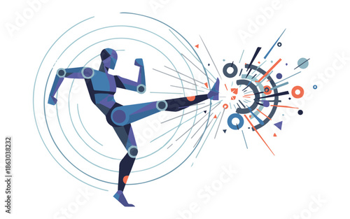 Dynamic humanoid robot kicking with motion lines and geometric shapes