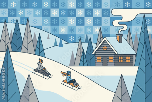 Winter landscape with sledding children, snowy cabin, and pine trees