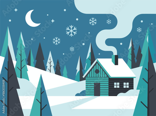 Winter night landscape with cozy cabin, snowy trees, moon, and snowflakes