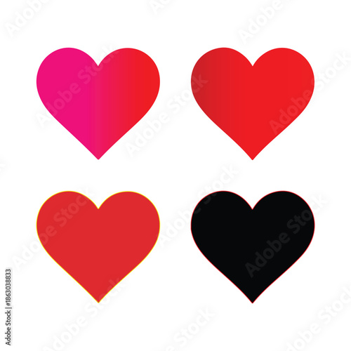 Four vibrant red hearts displayed in a simple symmetrical arrangement