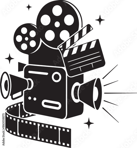Vintage film camera with clapperboard, megaphones, and reel in black silhouette cinematic design