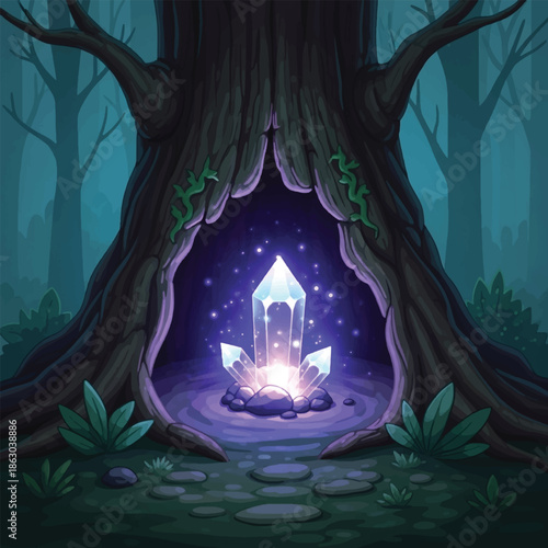 Glowing Crystal in Tree Hollow.